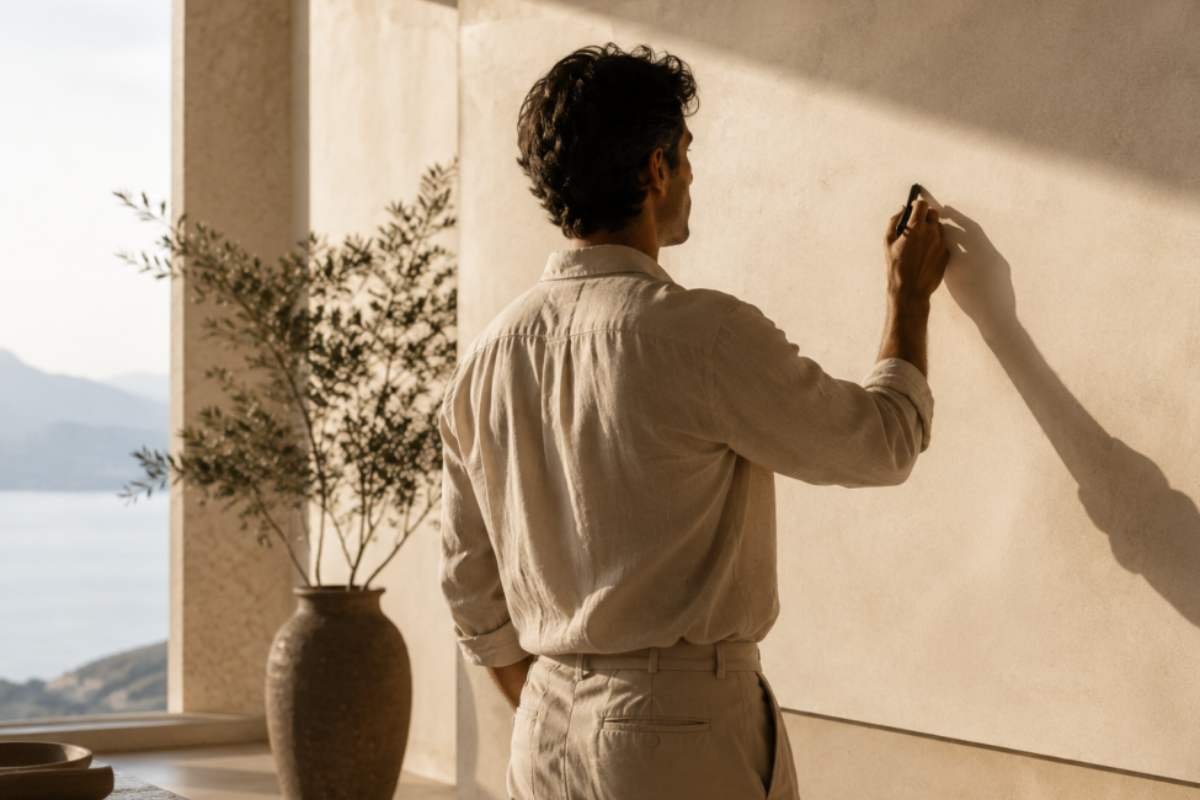 Un uomo osserva una grande lavagna vuota mentre immagina e pianifica i propri obiettivi in un ambiente luminoso e minimalista, simbolo del cambiamento personale.