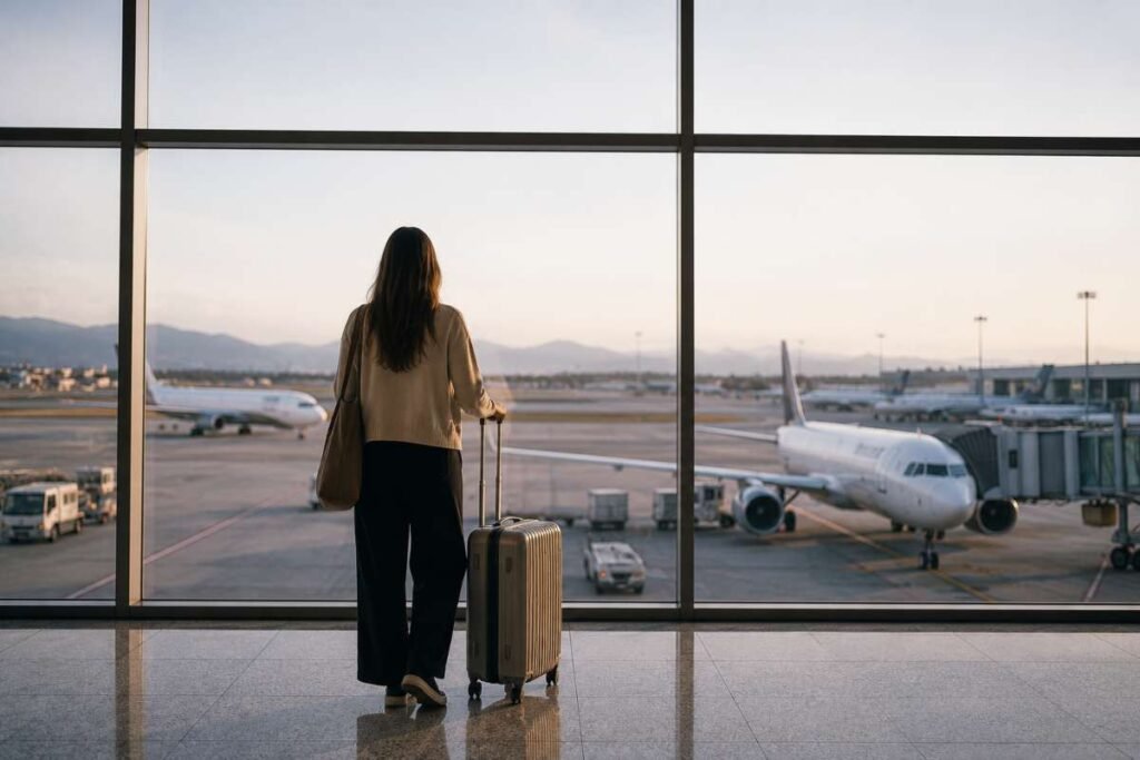 Passeggera con valigia osserva gli aerei dalla vetrata di un aeroporto in attesa del proprio volo durante lo sciopero del trasporto aereo.
