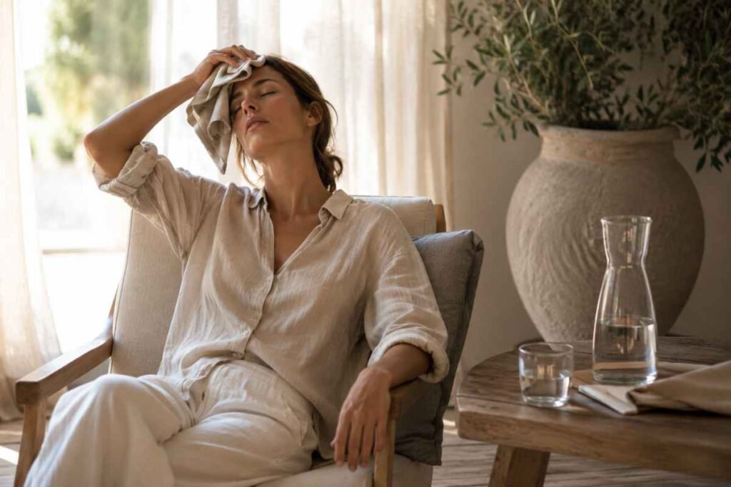 Persona seduta all'ombra durante una giornata molto calda mentre cerca di recuperare energie a causa dell'affaticamento provocato dalle alte temperature.