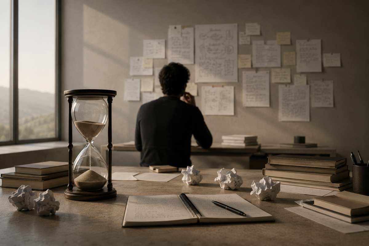 Una clessidra su una scrivania davanti a una persona che continua a rivedere il proprio lavoro, simbolo del perfezionismo e della procrastinazione.