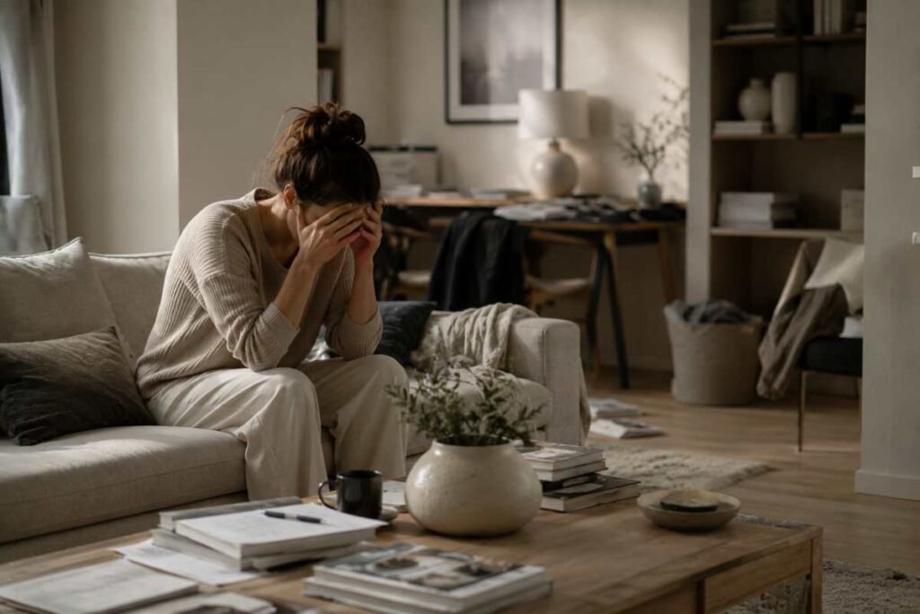 Una persona seduta sul divano con le mani sul volto in una casa leggermente disordinata, simbolo di come l'ambiente domestico possa aumentare stress e affaticamento mentale.