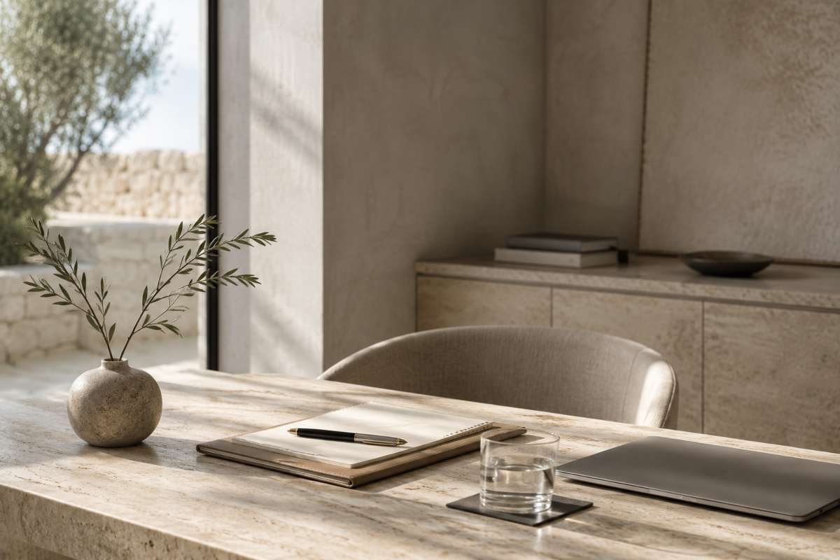 Scrivania minimalista con taccuino, penna e computer portatile pronta per preparare un colloquio di lavoro e chiedere un aumento di stipendio.