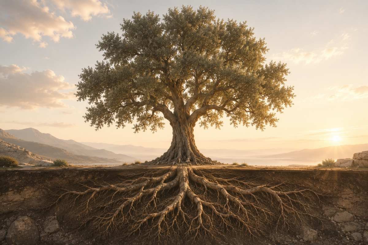 Un grande albero con un esteso sistema di radici visibili sotto il terreno, simbolo del principio invisibile che guida le decisioni.