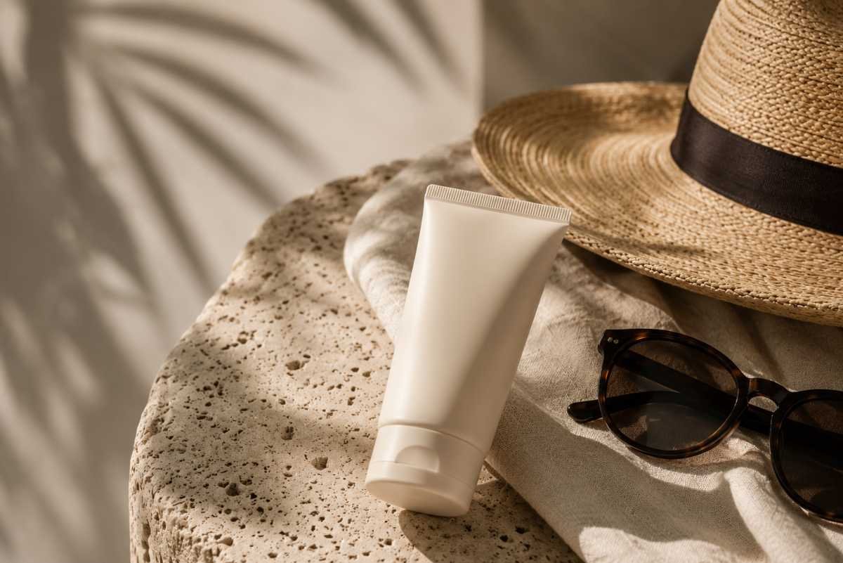 Crema solare, cappello di paglia e occhiali da sole su un tavolo in pietra naturale per la protezione della pelle dai raggi UV.