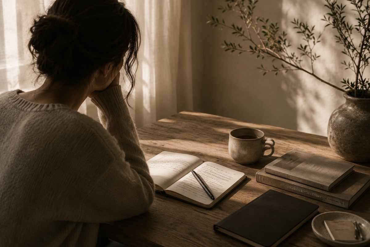 Una donna seduta a un tavolo con un quaderno aperto riflette in silenzio dopo una discussione, immersa nei propri pensieri.
