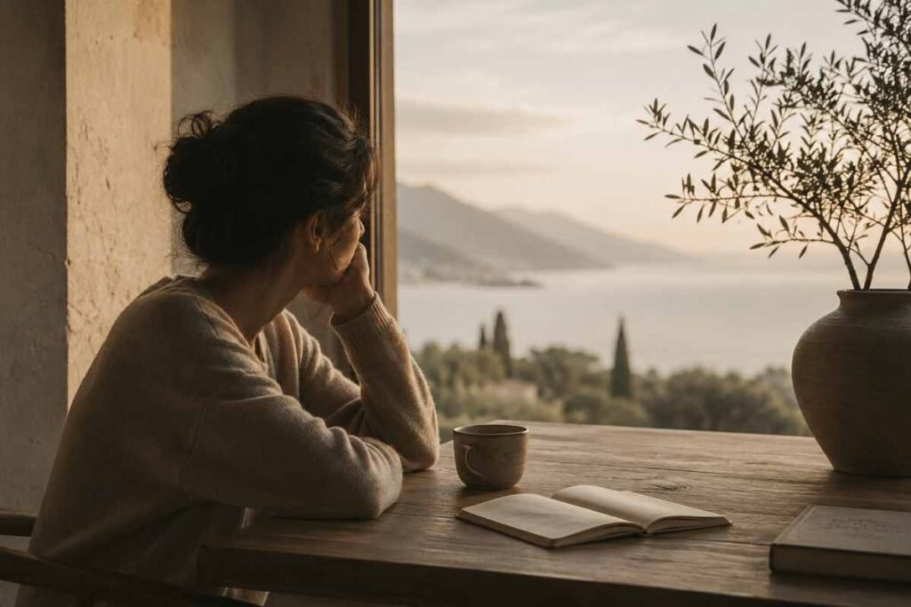 Una donna osserva il paesaggio dalla finestra mentre continua a ripensare a una discussione avuta nei giorni precedenti.
