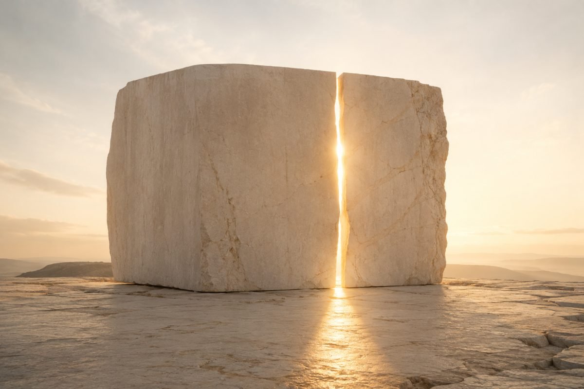 Un grande monolite di pietra attraversato da una sottile luce dell'alba che ne apre una crepa verticale.
