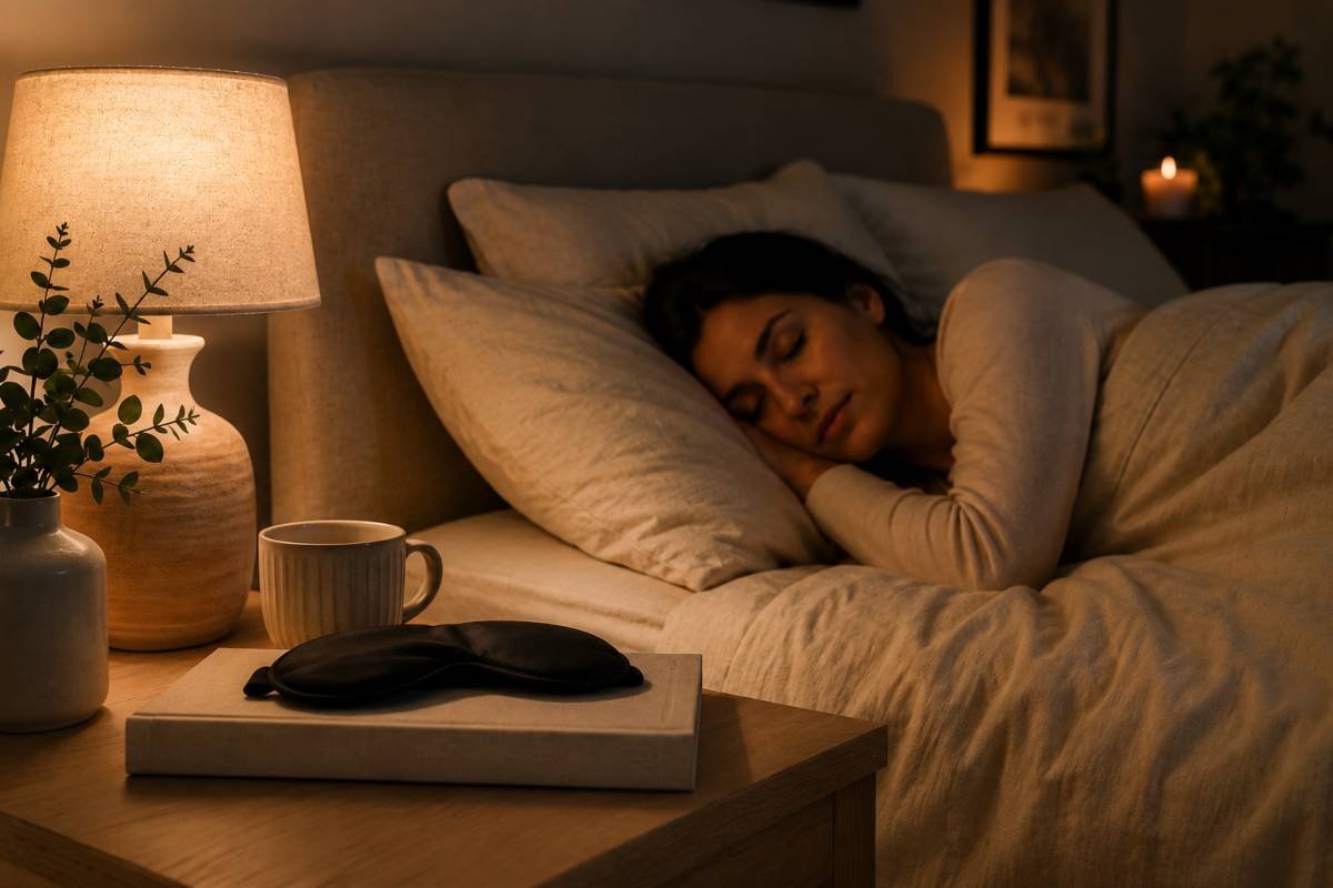 Comodino con lampada a luce calda, tisana, mascherina per dormire e libro senza scritte accanto a una persona che riposa serenamente, simbolo di una routine serale che favorisce un sonno di qualità.