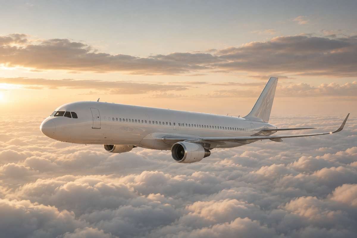 Aereo di linea in volo sopra un mare di nuvole al tramonto, immagine che rappresenta il trasporto aereo in occasione dello sciopero del 5 luglio.