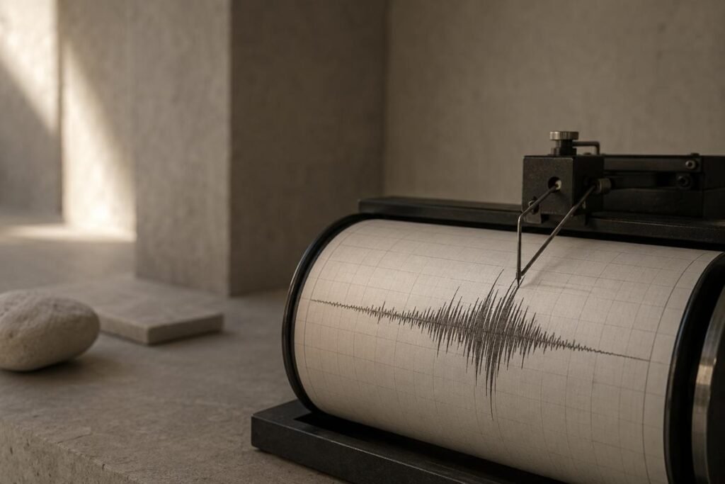 Sismografo che registra una forte scossa di terremoto con tracciato sismico su carta, immagine simbolica della scossa avvertita in Molise