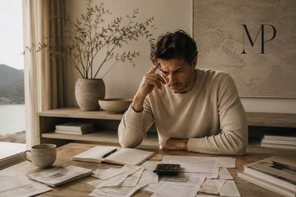 Uomo preoccupato mentre controlla documenti e spese su un tavolo per riequilibrare entrate e uscite del bilancio familiare.