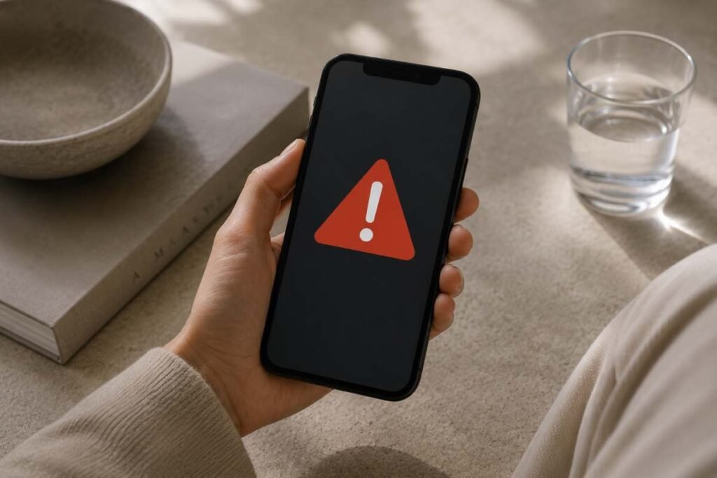 Mano che tiene uno smartphone con un simbolo di allerta, immagine che rappresenta una possibile truffa via SMS e un tentativo di phishing