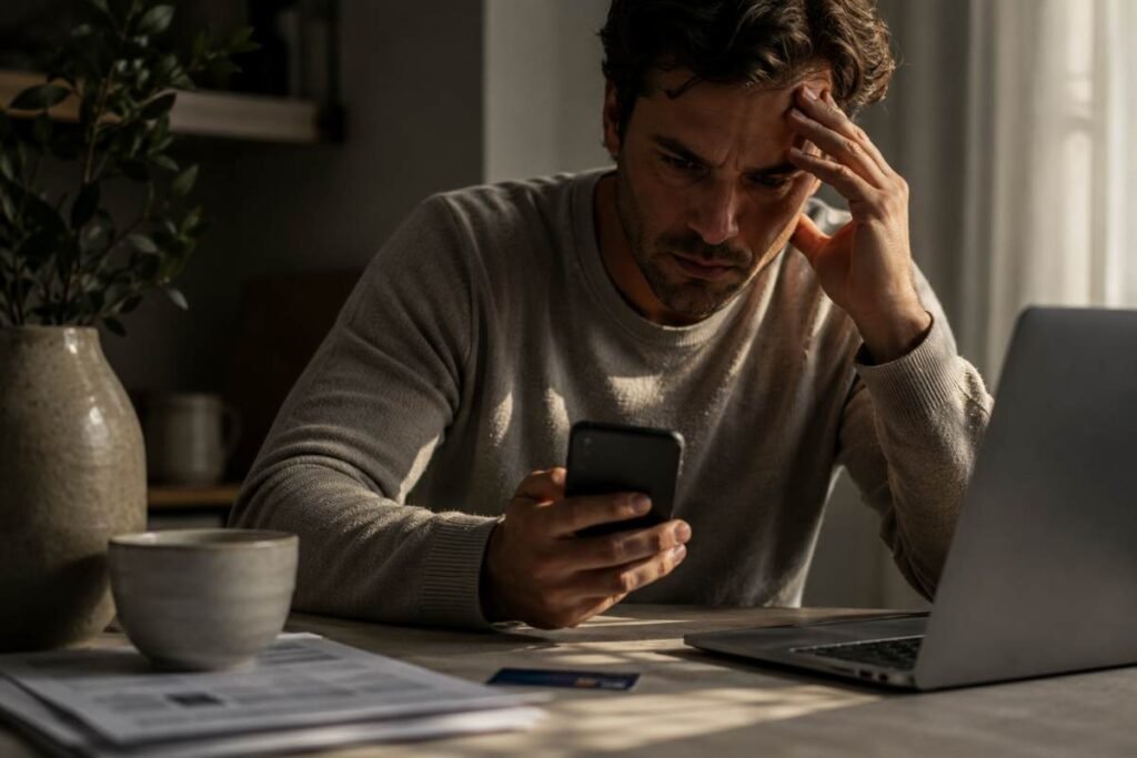 Uomo preoccupato controlla il cellulare dopo aver ricevuto un messaggio sospetto mentre utilizza il computer.