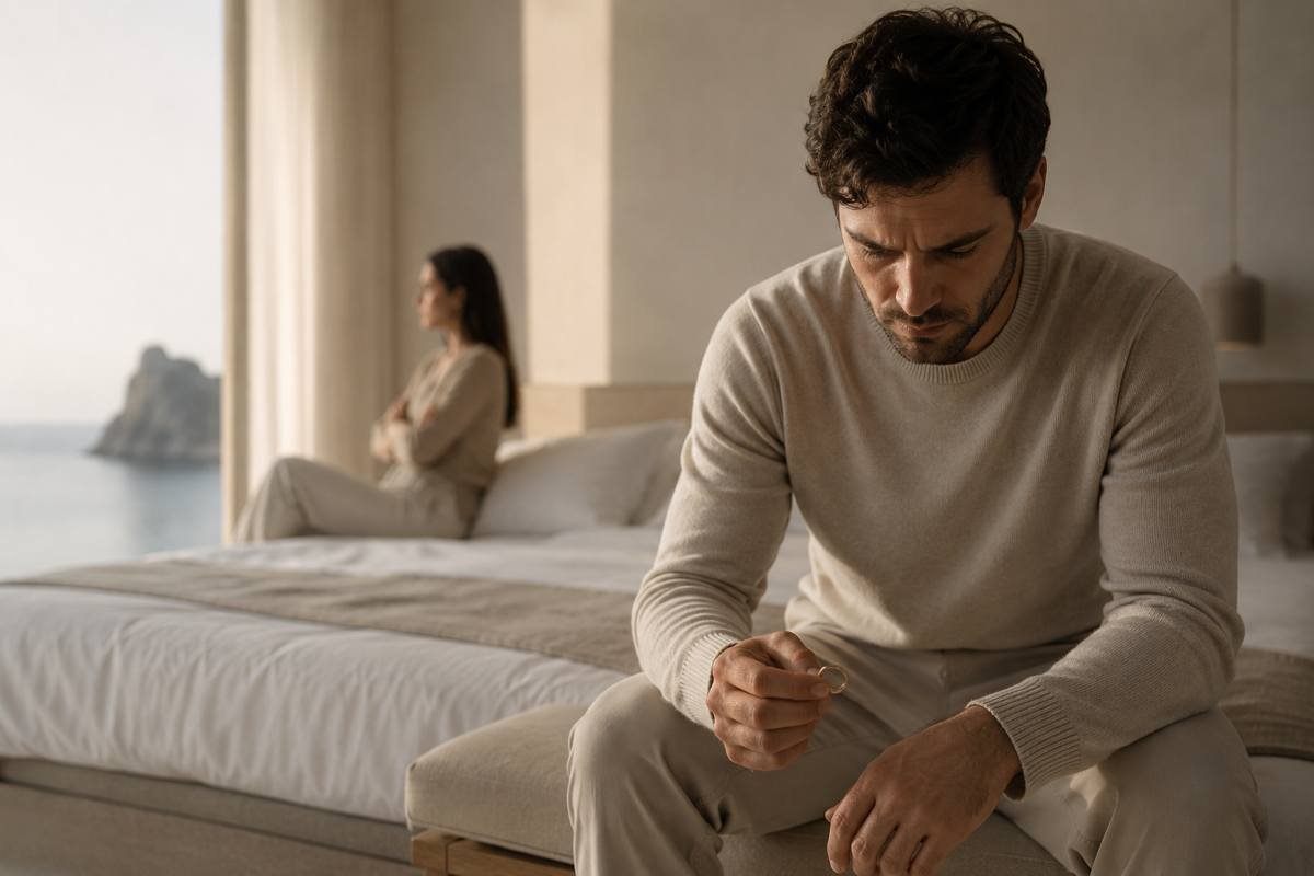 Uomo seduto sul bordo del letto con una fede nuziale in mano dopo una crisi di coppia, mentre la partner rimane distante sullo sfondo.