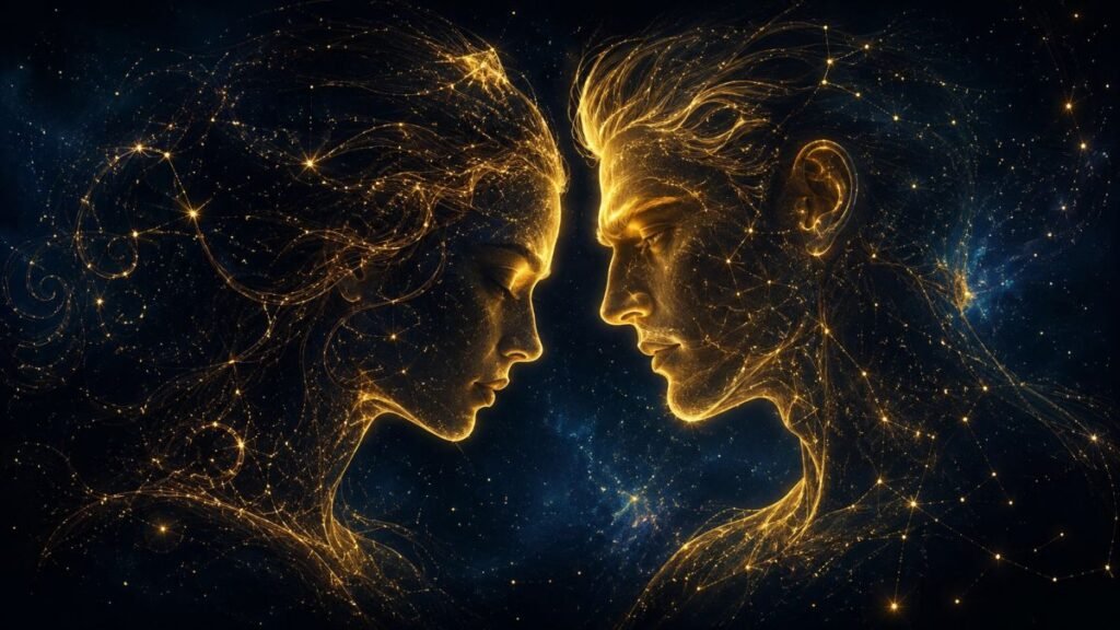 Due volti di luce dorata rappresentano le affinità dello Scorpione con Toro e Capricorno