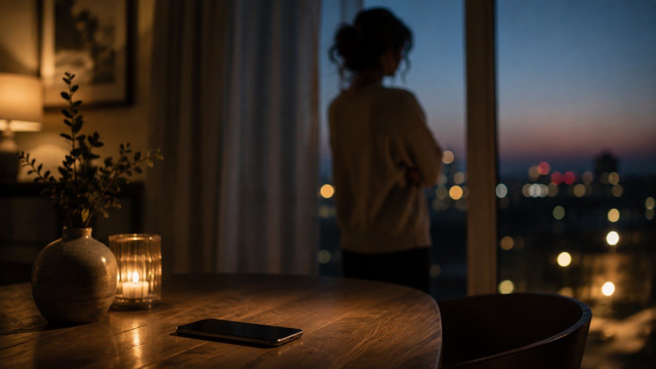 Telefono sul tavolo e donna in attesa davanti alla finestra durante una situazione di incertezza emotiva