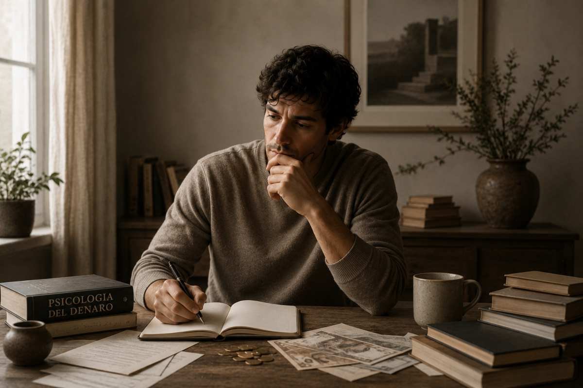 Uomo che riflette sulle convinzioni sul denaro e sul loro impatto nelle decisioni economiche.