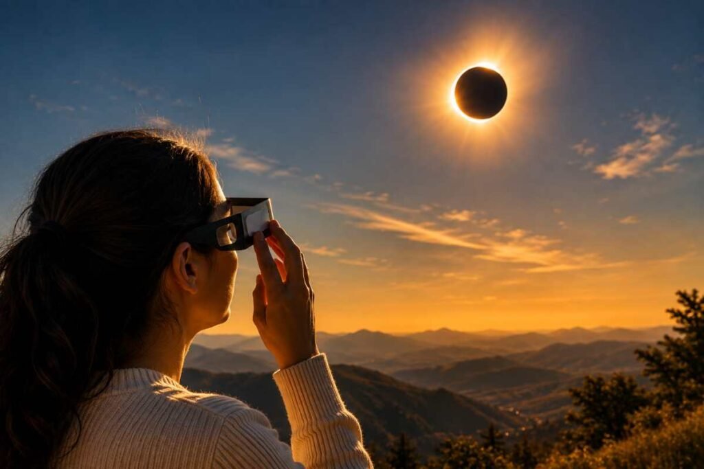 Donna osserva l’eclissi solare con occhiali protettivi