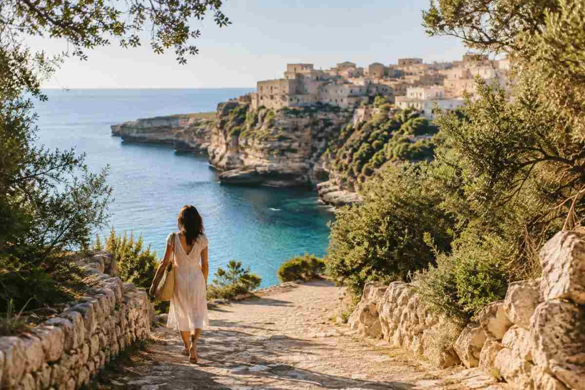 Donna passeggia da sola verso il mare nel giorno di Ferragosto