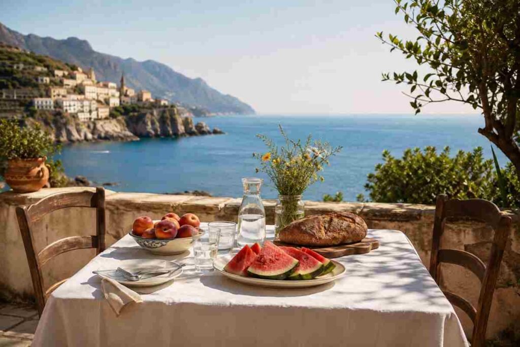 Tavola estiva apparecchiata a Ferragosto con vista sul mare