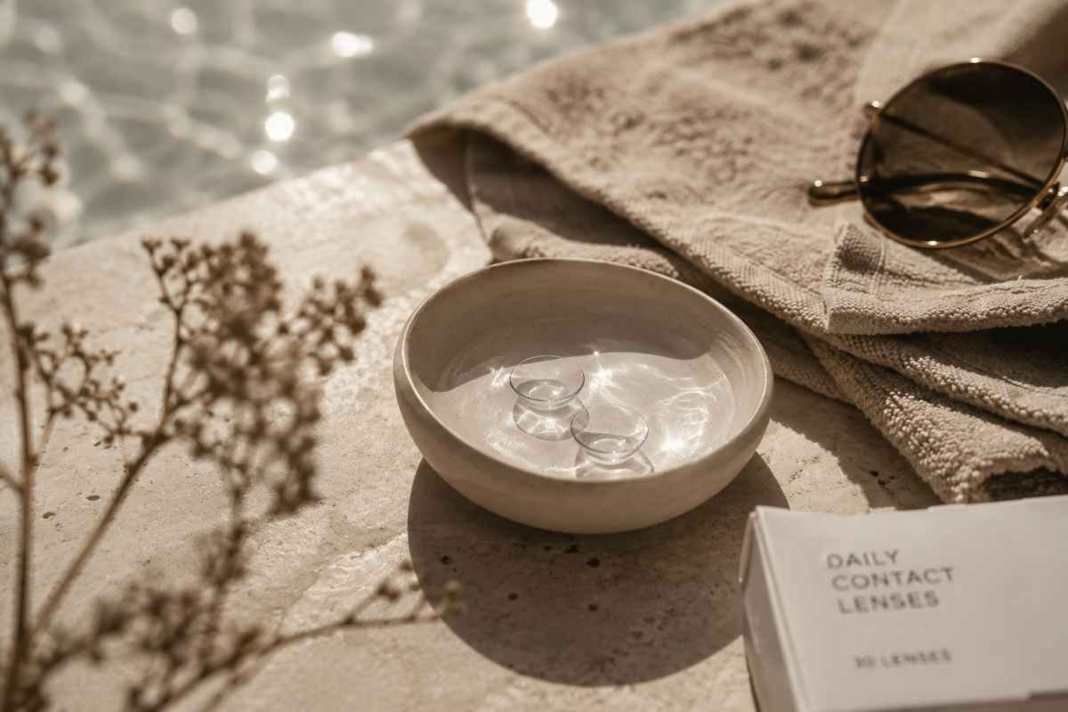 Lenti a contatto immerse nella soluzione accanto a un asciugamano e agli occhiali da sole: rappresentazione della corretta cura delle lenti a contatto in estate per prevenire irritazioni e infezioni oculari.