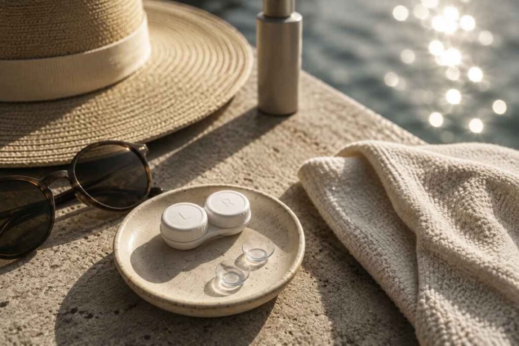 Lenti a contatto estive accanto a custodia, occhiali da sole e cappello: immagine che rappresenta gli errori da evitare con le lenti a contatto durante l'estate per proteggere la salute degli occhi.
