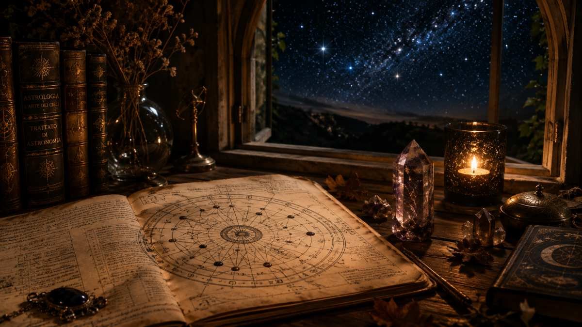 Mappa astrale antica aperta su una scrivania con cristallo e finestra affacciata sul cielo stellato a settembre 2026