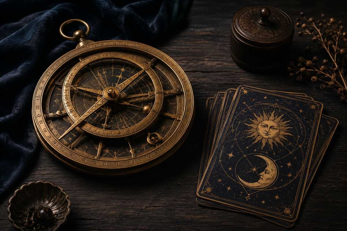 Astrolabio dorato e carte astrologiche su un tavolo scuro per l’oroscopo dal 31 agosto al 6 settembre 2026