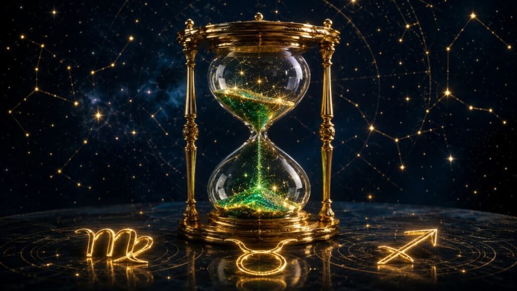Clessidra dorata con stelle e simboli zodiacali per l’oroscopo dal 31 agosto al 6 settembre 2026