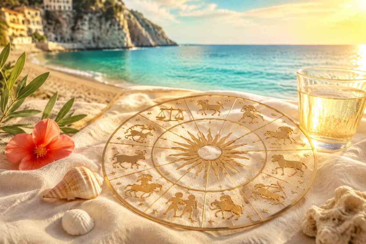 Oroscopo di Ferragosto 2026 con ruota dei segni zodiacali sulla spiaggia