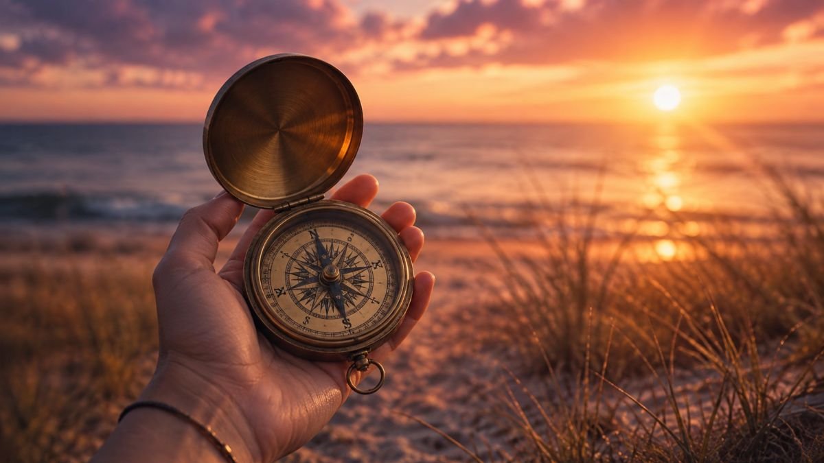 Bussola vintage al tramonto sul mare come simbolo di guida interiore nelle relazioni