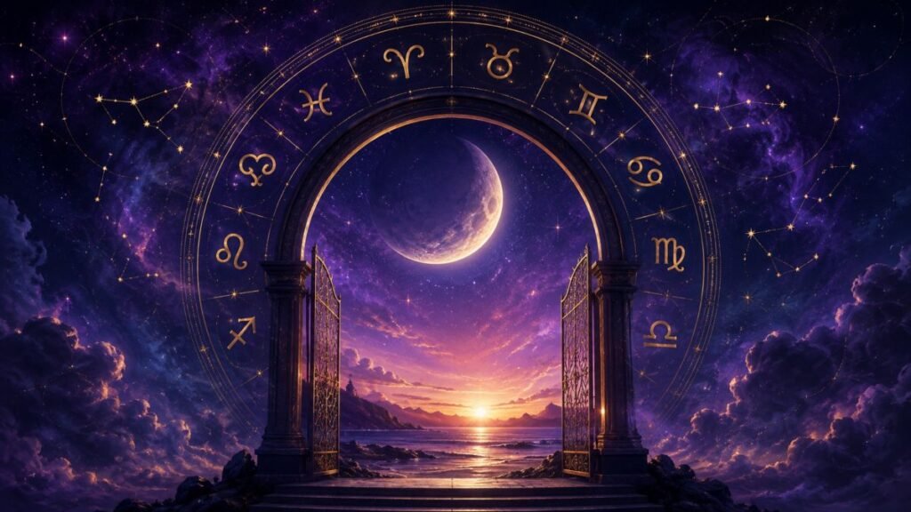 Oroscopo di sabato con Luna, portale e simboli dorati dello zodiaco