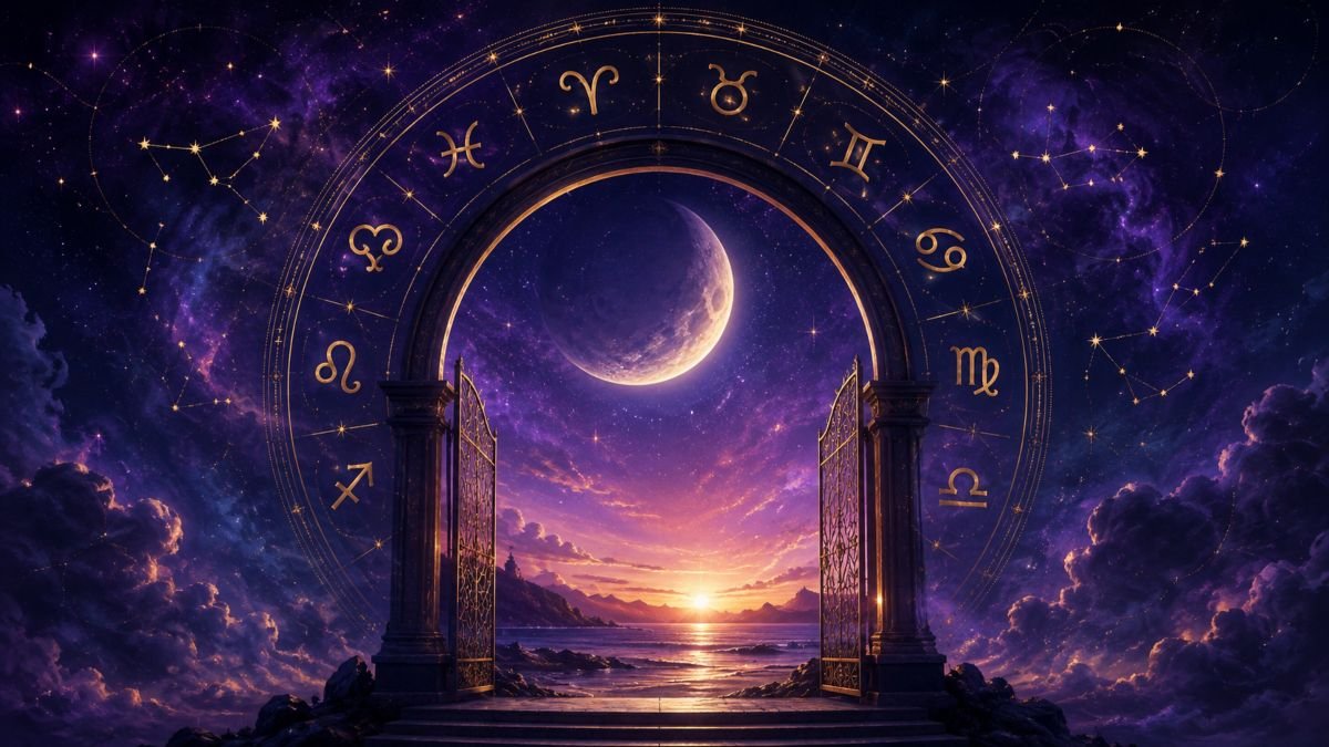 Oroscopo di sabato con Luna, portale e simboli dorati dello zodiaco