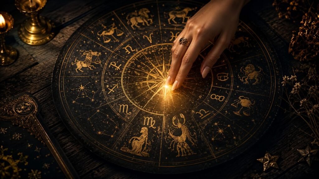 Ruota dello zodiaco dorata su pietra scura sfiorata da una mano per l'oroscopo di settembre 2026 segni top e flop