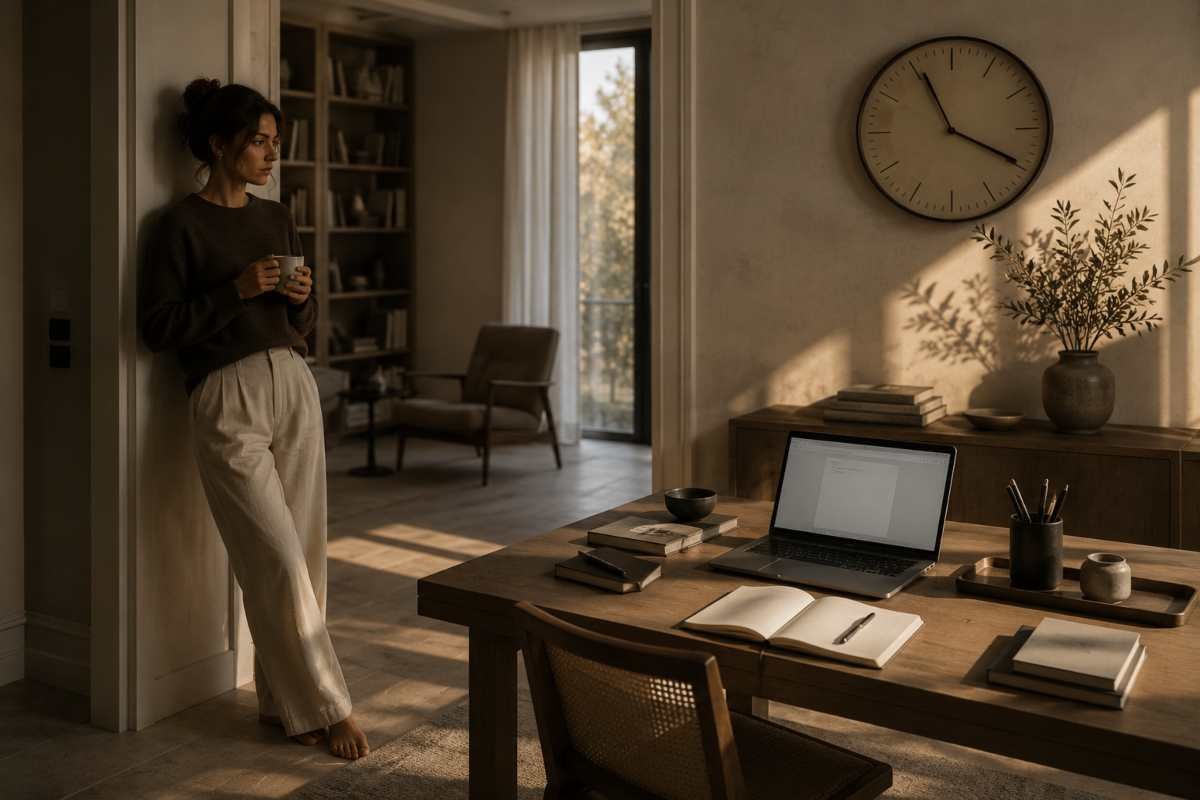 Donna che rimanda un compito osservando la scrivania, esempio di procrastinazione
