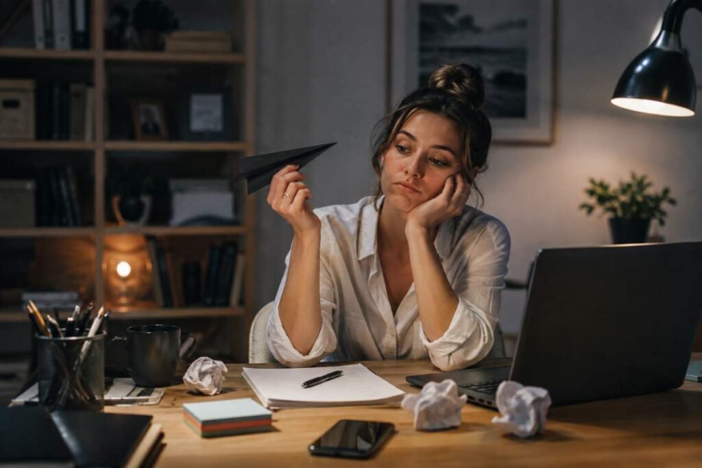 Donna che rimanda il lavoro alla scrivania, immagine della procrastinazione