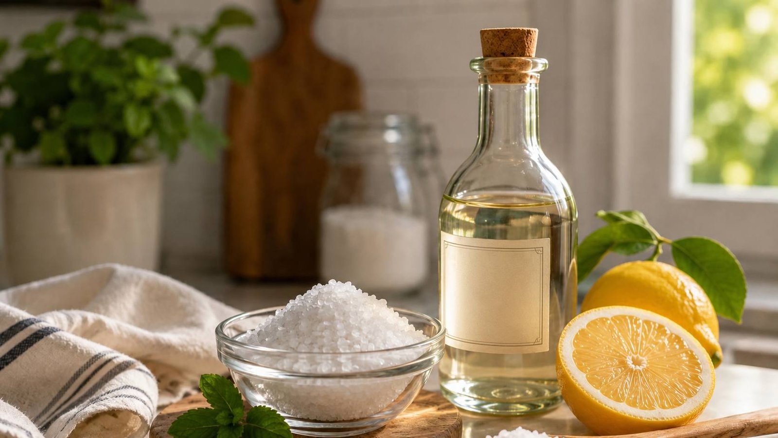 Ciotola di sale grosso, bottiglia di aceto, limone e menta su un piano cucina