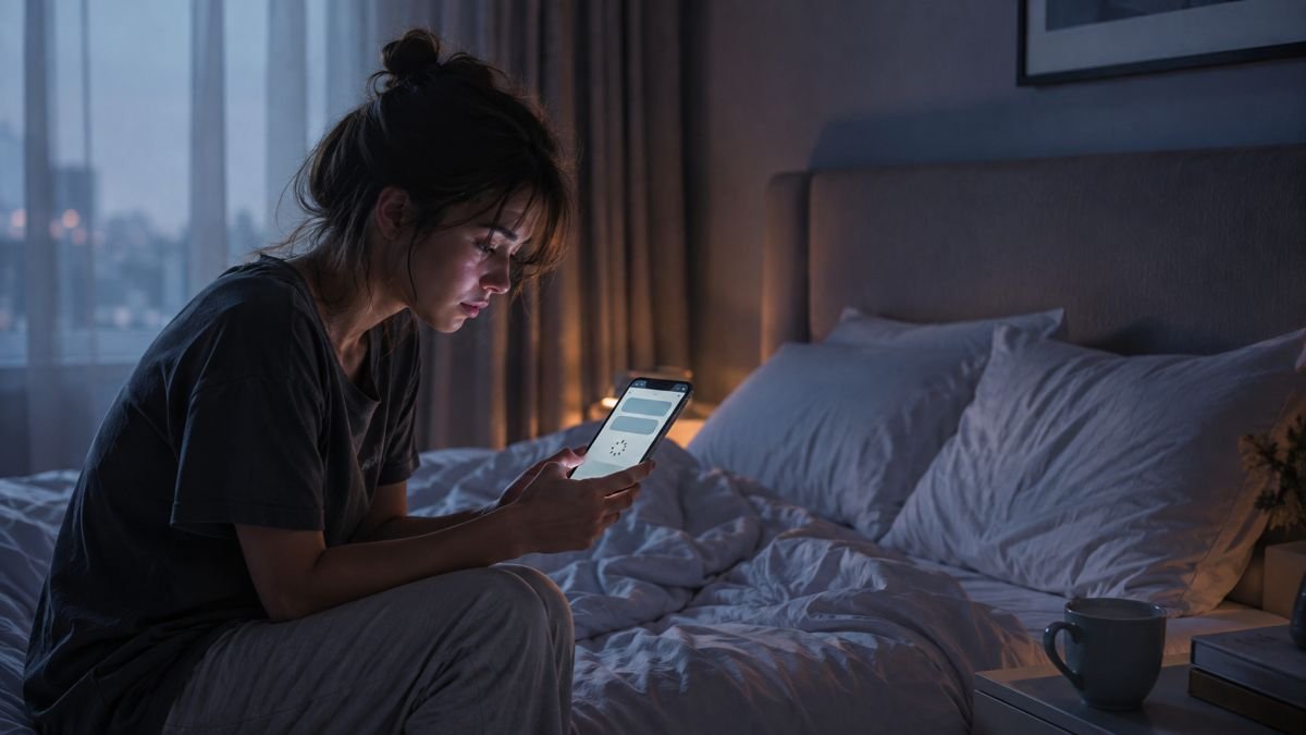 Donna seduta sul letto di notte mentre guarda lo smartphone in attesa di un messaggio
