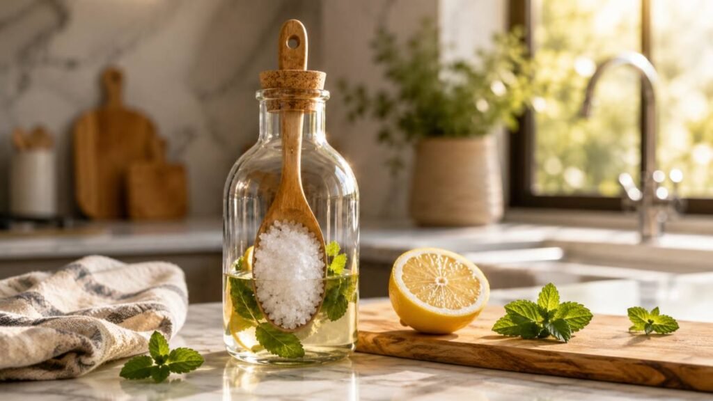 Cucchiaio di sale grosso, aceto, limone e menta su un piano cucina