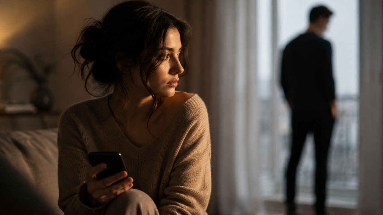 Donna con il telefono mentre un uomo si allontana, immagine del comportamento di chi cerca e poi sparisce