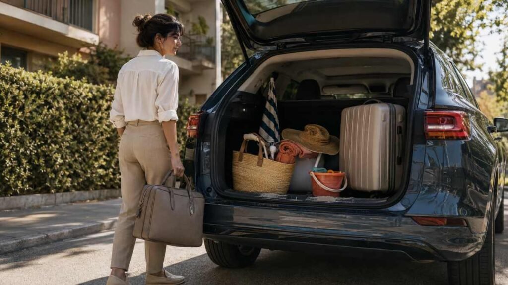 Donna davanti al bagagliaio ancora pieno di valigie e accessori da mare dopo le vacanze