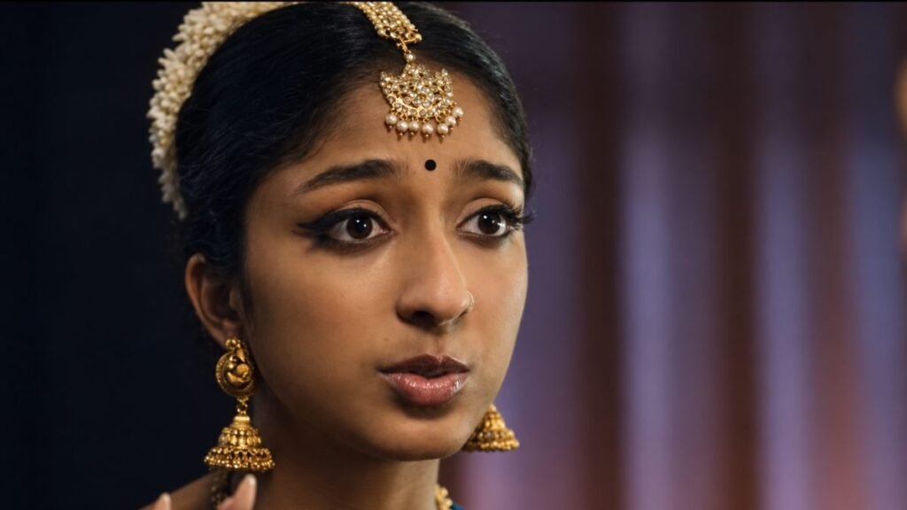 Come finisce Best of the Best: Maitreyi Ramakrishnan nel ruolo di Maya con abito tradizionale da ballo nel film Netflix