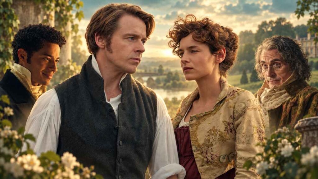 Emma Corrin nei panni di Elizabeth Bennet e Jack Lowden come Mr Darcy nella serie Netflix Orgoglio e Pregiudizio con il cast ufficiale