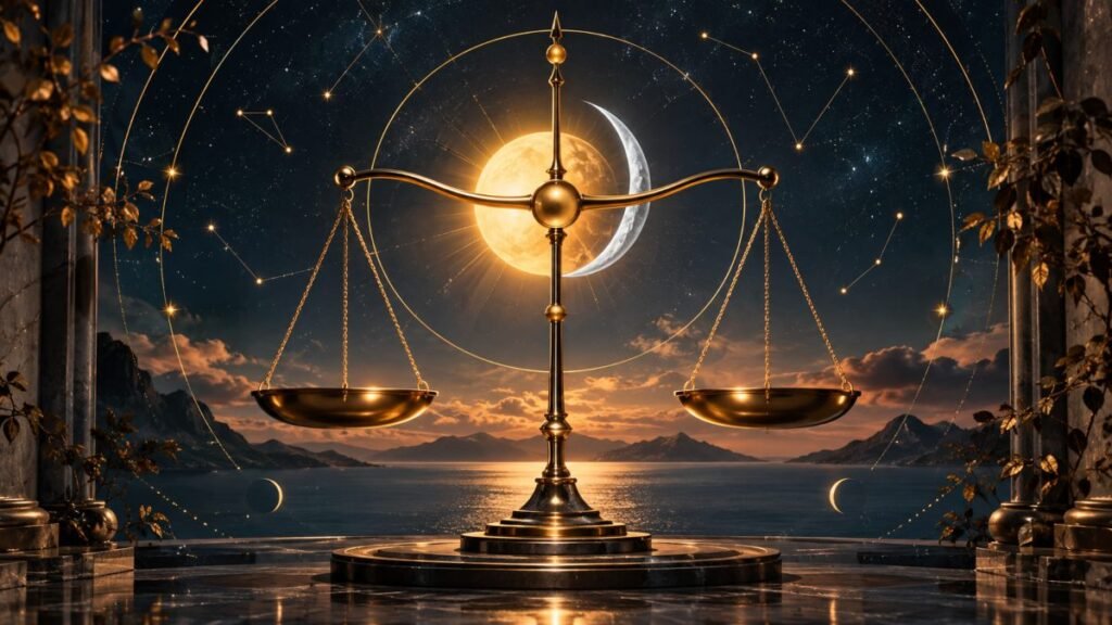 Bilancia astronomica dorata e simboli dell'Equinozio d'autunno per la classifica dell'oroscopo settimanale 21-27 settembre