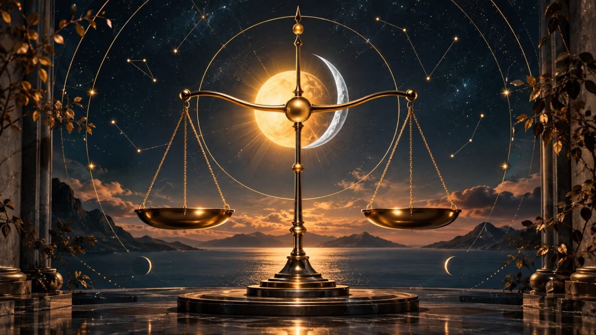 Bilancia astronomica dorata e simboli dell'Equinozio d'autunno per la classifica dell'oroscopo settimanale 21-27 settembre