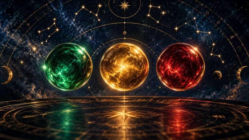 Semaforo emotivo dell'oroscopo del fine settimana con costellazioni e luci simboliche per i segni zodiacali